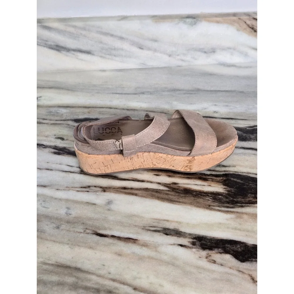 Lucca Lane Womens‎ Metallic Taupe Leather Cork Platform Wedge Sandals Size 6